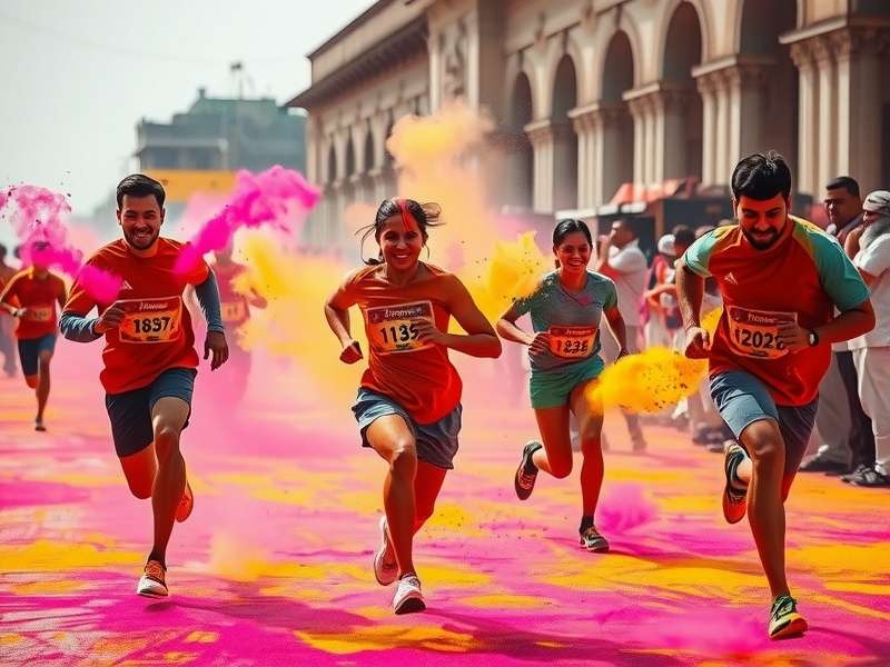 Joyful Holi Sprint participants running through colorful powder