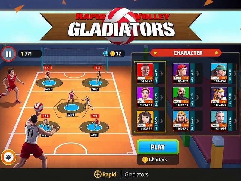 Character selection screen showing diverse player options in Rapid Volley Gladiators