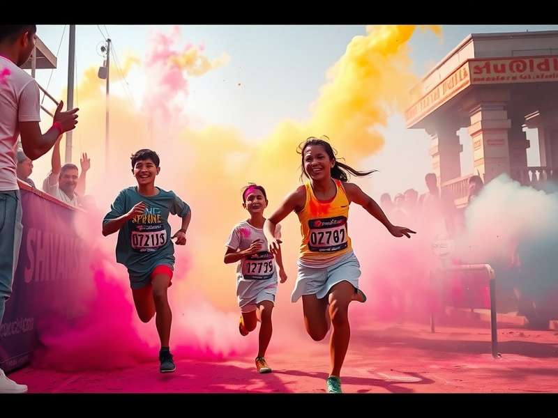 Joyful Holi Sprint participants using strategic running techniques