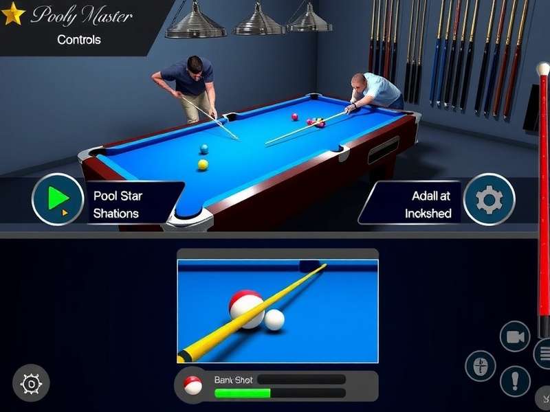 Pool Star Master customization options showing various cue sticks and table designs