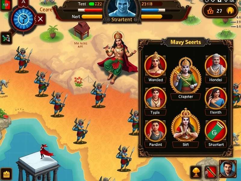 Character selection screen in Divine Conquest featuring Indian deities