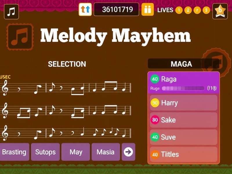 Melody Mayhem gameplay screenshot showing rhythm notes and Indian-themed background