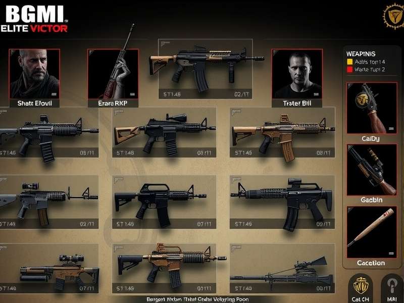 BGMI Elite Victor weapons collection showing various guns and equipment
