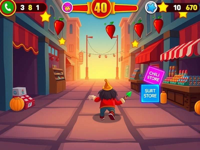 Chili Dash Master gameplay screenshot showing character running through market