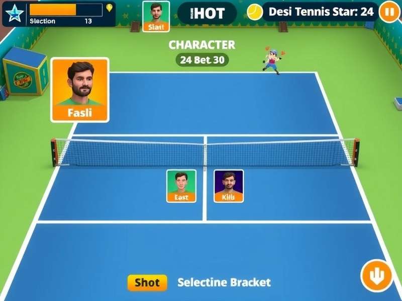 Desi Tennis Stars match gameplay showing shot selection