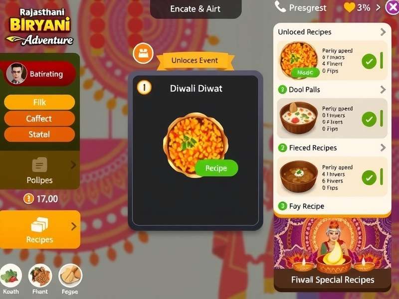 Rajasthani Biryani Adventure progression screen showing unlocked recipes