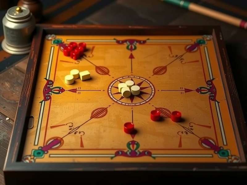 Carrom board setup with pieces arranged for play
