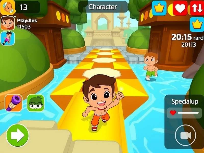 Chhota Bheem Splash Run gameplay screenshot showing characters running through Dholakpur
