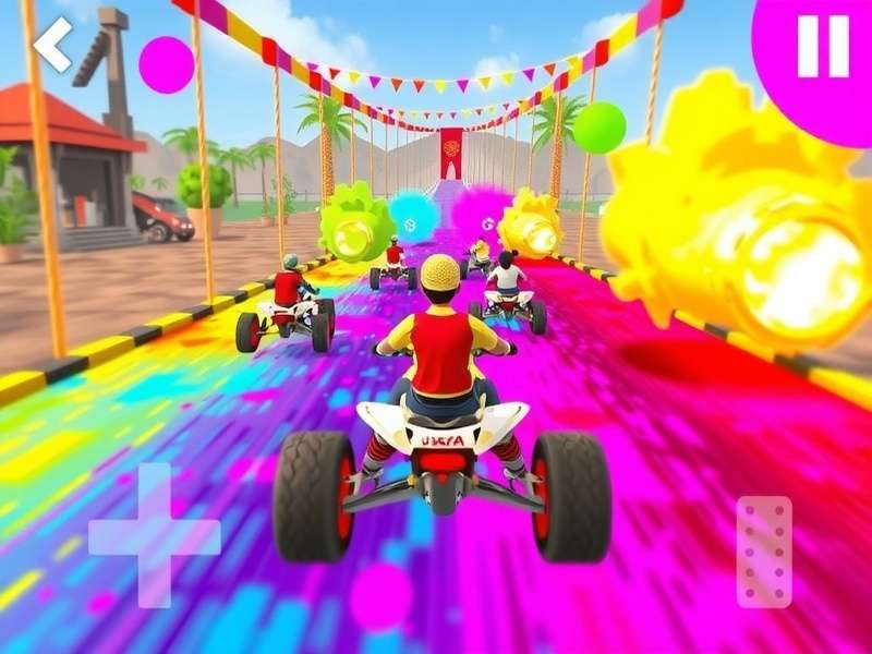 Energetic Holi Race gameplay screenshot showing colorful racing environment
