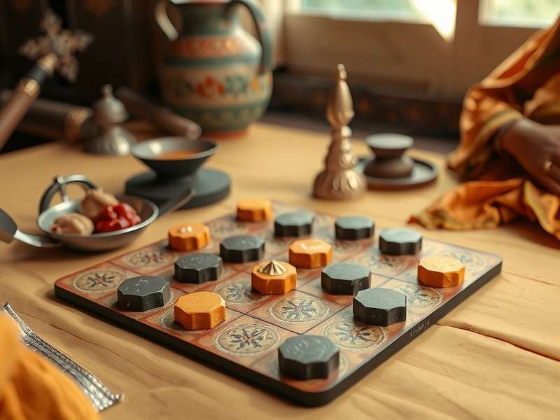 Traditional Indian Jaggery Journey gameplay setup showing board and pieces