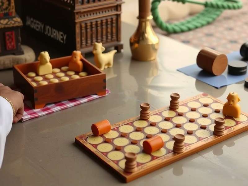 Historical depiction of Jaggery Journey being played in traditional Indian setting