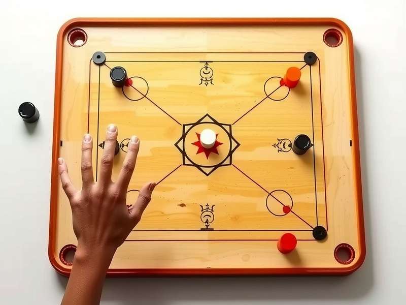 Professional Carrom Duel Dominator board setup with pieces arranged for play