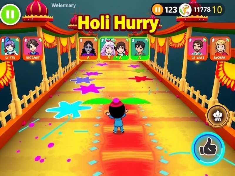 Holi Hurry gameplay showing colorful race track with festival elements