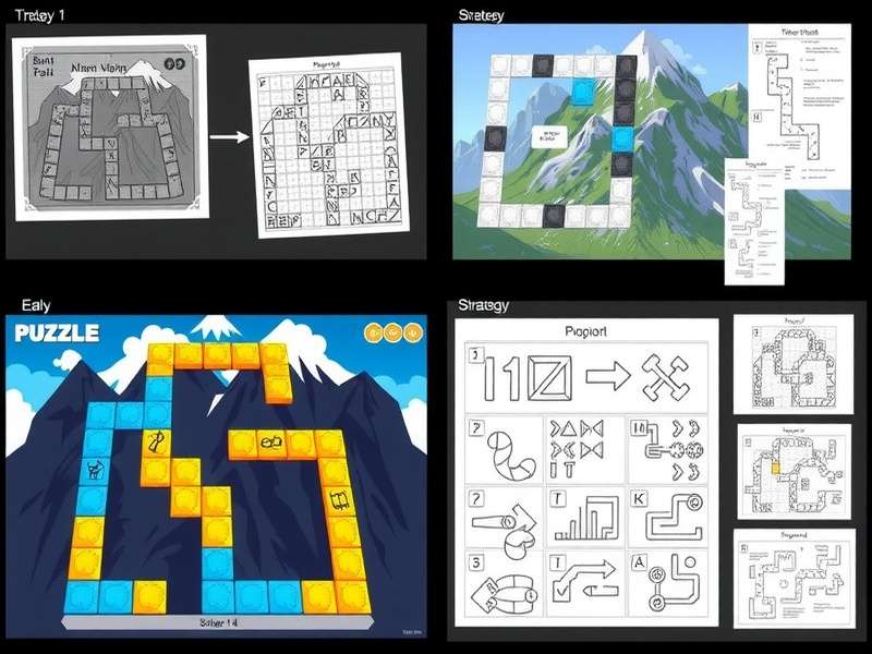 Early development stages of Puzzle Peak Pursuit showing prototype designs