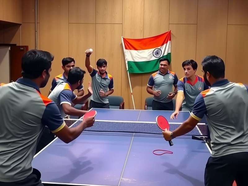 Indian table tennis team celebrating victory