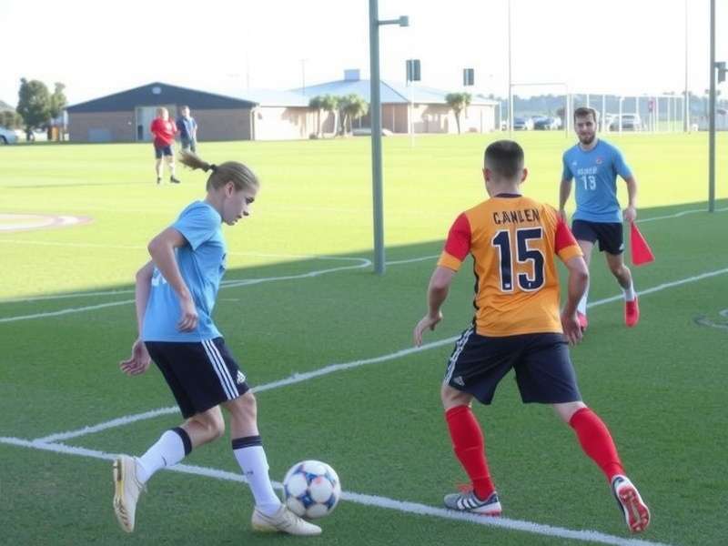 Youth soccer team training on a field in St. George Utah with red rock mountains in background
