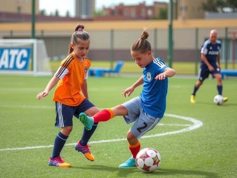 Young Indian footballers practicing drills on a field during sunset
