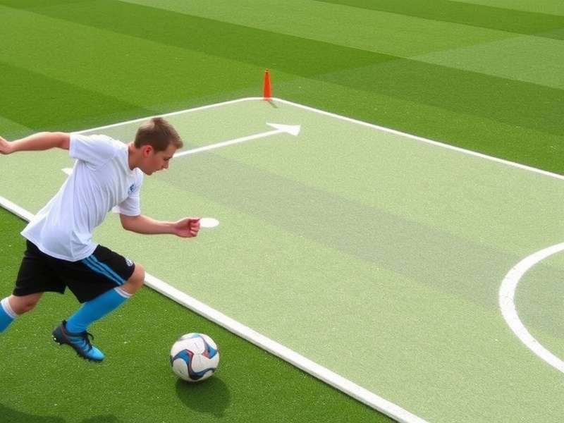 Young football player practicing dribbling drills on a marked training mat