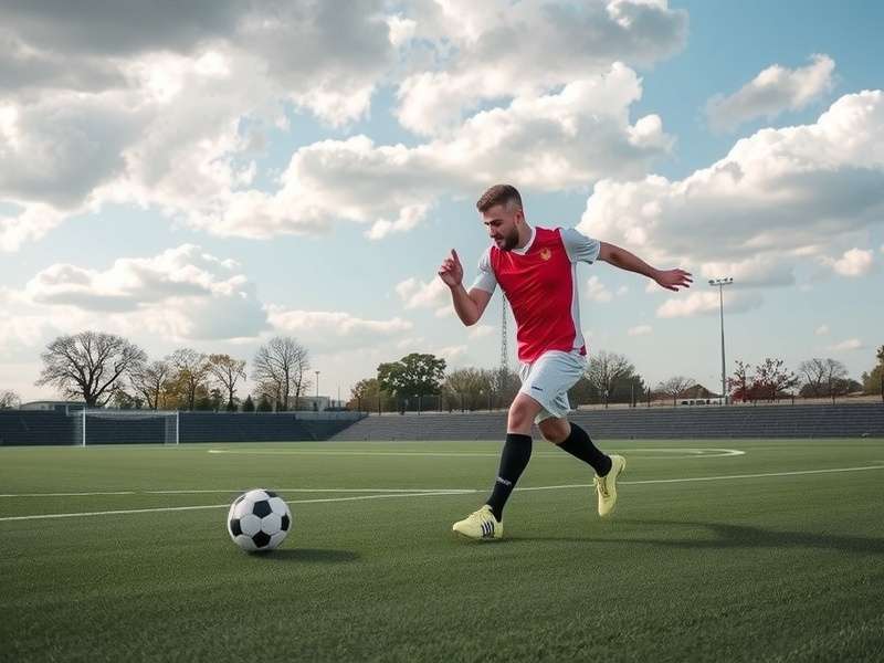 Football player demonstrating dribbling skills on a field