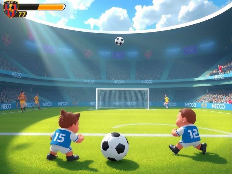 Digital football stadium with players executing skills in a Cl Games soccer match