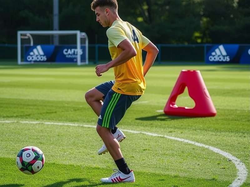 Close-up of a football player making a precise ground pass during training