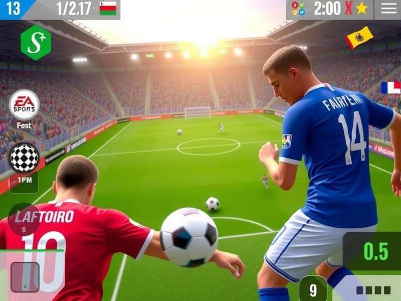 Fifa World Cup Game player scoring a goal in virtual stadium