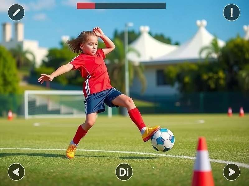 Indian child practicing soccer dribbling drills with cones