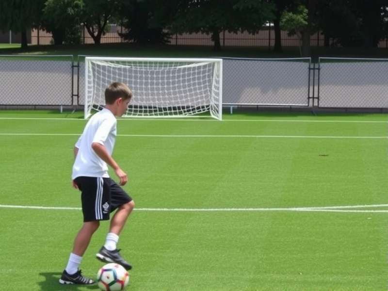 Young football player practising dribbling on a skills mat