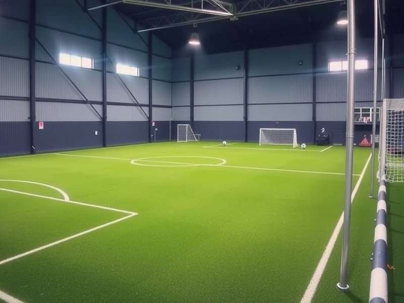 Indoor soccer field with players training intensely under floodlights