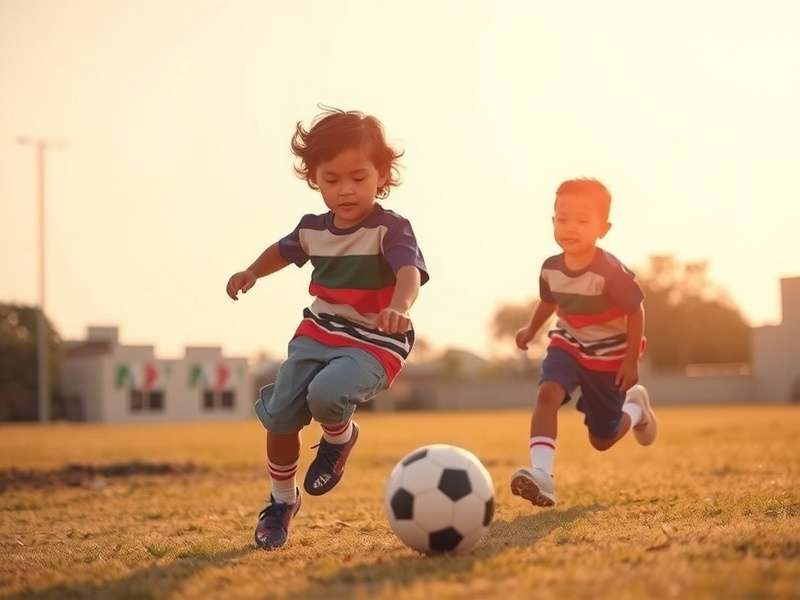Little Mexican kids playing soccer skills on a dusty field at sunset